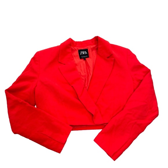 Zara Coral Red Linen Blend Cropped Blazer Jacket | Size S | Tomato Girl - Picture 7 of 9